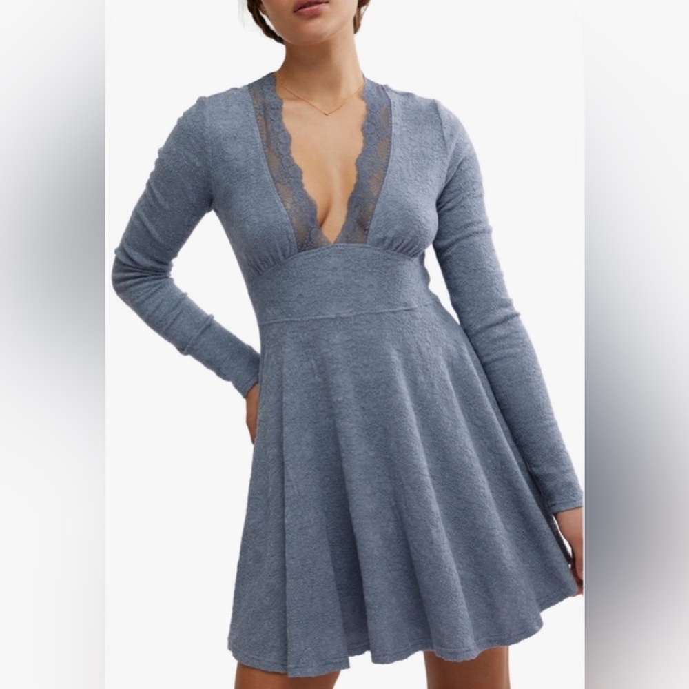 Free People Women Slate Blue All Yours Lace Long Sleeve Minidress Western NWOT S